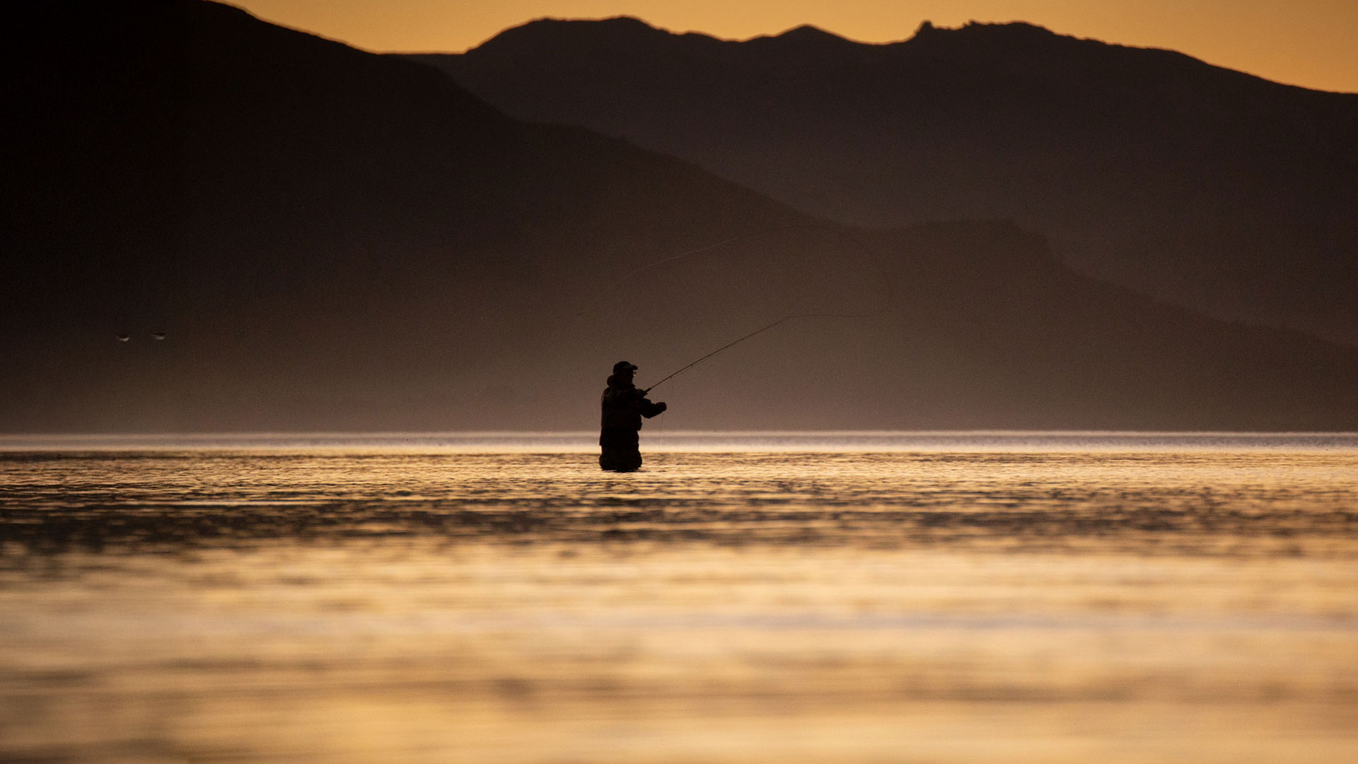 Pesca con mosca al atardecer en el lago Nahuel Huapi